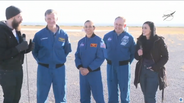NASA spokesperson Dan Huot, Boeing astronaut Chris Ferguson, NASA astronauts Nicole Mann and Mike Fincke, and Boeing spokesperson Jessica Landa 
