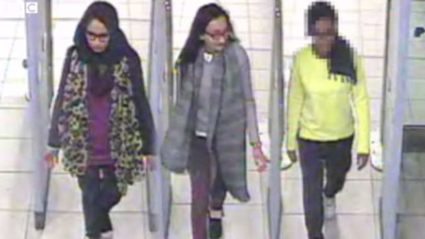 The three 'straight-A students' making their way through security screening at Gatwick Airport in the UK. (Supplied)
