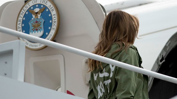 Mrs Trump boarded her plane wearing a jacket that read "I really don't care, do u?". Photo: AP