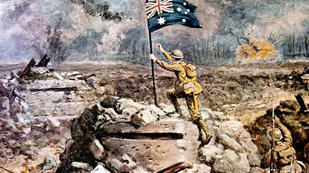 The painting by Alfred Pearse showing Australian Lieutenant Arthur Hull planting the flag on a captured enemy bunker in 1917.