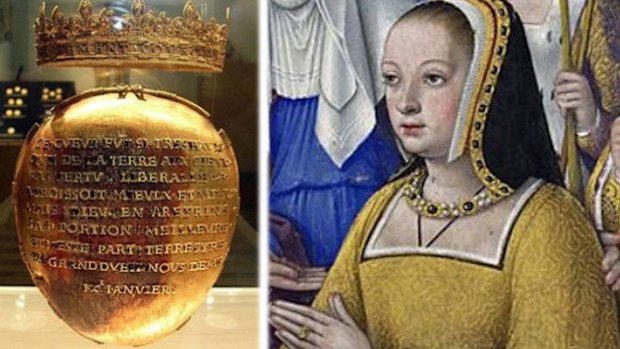 A 16th-century painting of Anne of Brittany and the gold reliquary containing her heart. (Facebook).