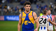 Tom Barrass of the Eagles unhappy after the loss during the 2024 AFL Round 12 match between the West Coast Eagles and Kangaroos.