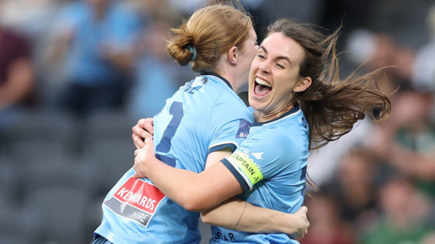 Sydney FC captain Natalie Tobin  celebrates scoring a goal with Cortnee Vine