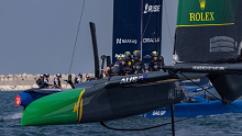 Australia's SailGP team helmed by Tom Slingsby in action as they sail past USA during a practice session.