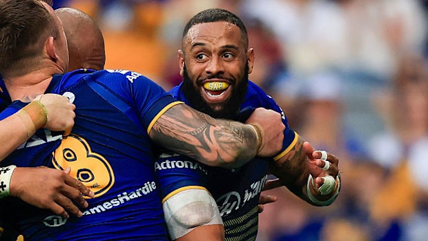 Josh Addo-Carr of the Eels celebrates scoring his second try.