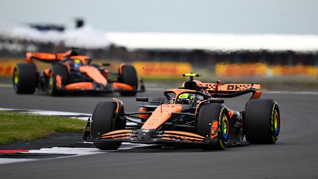 Lando Norris of Great Britain driving the (4) McLaren MCL38 Mercedes leads Oscar Piastri of Australia driving the (81) McLaren MCL38 Mercedes on track during the F1 Grand Prix of Great Britain at Silverstone Circuit on July 07, 2024 in Northampton, England. (Photo by James Sutton - Formula 1/Formula 1 via Getty Images)