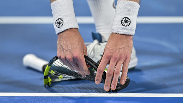 Botic Van De Zandschulp breaks his racket during his round of 32 singles match against Gael Monfils at the 2024 Qatar Open.