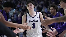 PORTLAND, OREGON - JANUARY 25: Max Mackinnon #3 of the Portland Pilots is introduced before the game against the Gonzaga Bulldogs at Chiles Center on January 25, 2025 in Portland, Oregon.  (Photo by Soobum Im/Getty Images)