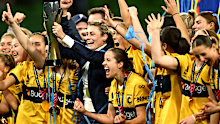 MELBOURNE, AUSTRALIA - MAY 18: Head coach Emily Husband of the Mariners celebrates with her team after winning a penalty shoot out to win the A-League Women's Grand Final between Melbourne Victory and the Central Coast Mariners at AAMI Park on May 18, 2025, in Melbourne, Australia. (Photo by Quinn Rooney/Getty Images)