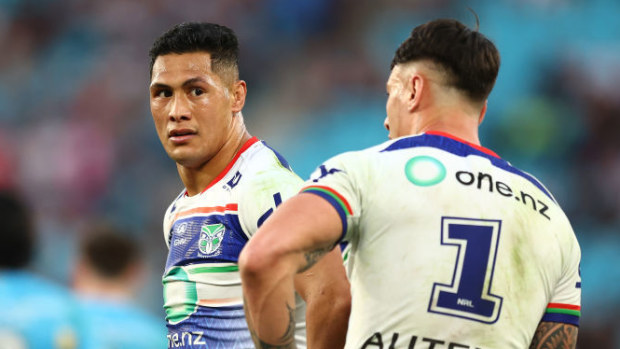 Roger Tuivasa-Sheck of the Warriors looks on during the round 16 NRL match between Gold Coast Titans and New Zealand Warriors at Cbus Super Stadium, on June 22, 2024, in Gold Coast, Australia. (Photo by Chris Hyde/Getty Images)
