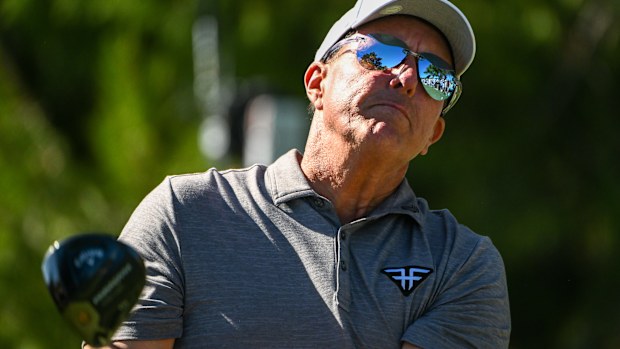 Phil Mickelson Hyflyers GC tees off on the 10th hole during day two of Liv Golf Adelaide at The Grange Golf Course on April 22, 2023 in Adelaide, Australia. (Photo by Asanka Ratnayake/Getty Images)
