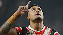 Roosters Spencer Leniu reacts during the NRL match between the Sydney Roosters and the Brisbane Broncos at Allegiant Stadium in Las Vegas, Saturday, March 2, 2024. (AP Photo/David Becker)