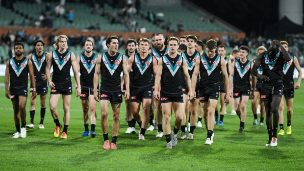 Port Adelaide leave the ground after losing  the AFL Second Qualifying Final to Geelong.