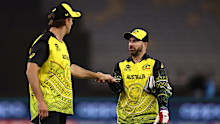 PERTH, AUSTRALIA - OCTOBER 25: Mitchell Marsh and Matthew Wade of Australia walk from the field at the end of the innings during the ICC Men's T20 World Cup match between Australia and Sri Lanka at Perth Stadium on October 25, 2022 in Perth, Australia. (Photo by Paul Kane/Getty Images)