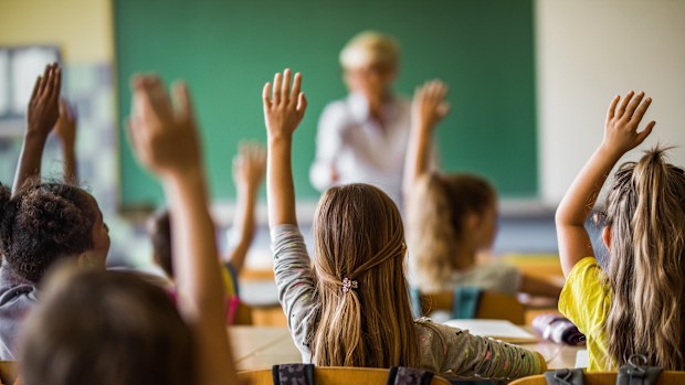 Rear view of large group of students raising their arms to answer the question on a class at elementary school.