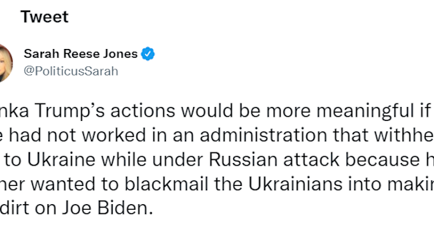 Twitter user criticises Ivanka Trump's role in Ukrainian food relief program.