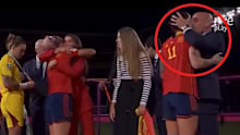 Spain midfielder Jenni Hermoso is kissed by Spanish football federation president Luis Rubiales.