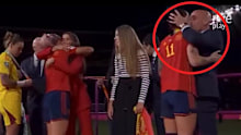 Spain midfielder Jenni Hermoso is kissed by Spanish football federation president Luis Rubiales.