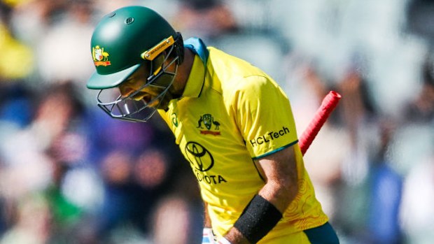 Glenn Maxwell of Australia  leaves the ground after getting out to Haris Rauf of Pakistan.