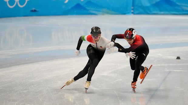 Hungary's Shaolin Sandor Liu and China's Ziwei Ren compete during the men's 1000m final.