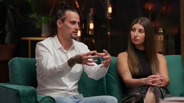 Claire and Jesse on the couch at Commitment Ceremony Season 10 MAFS 2023