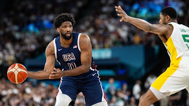 Joel Embiid of USA controls the ball at Bercy Arena.