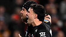 David Havili of the Crusaders celebrates after scoring a try.