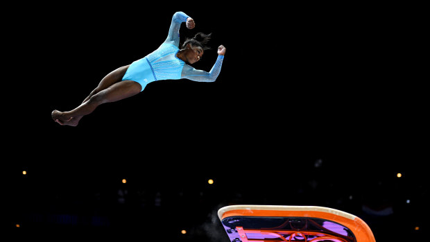 Simone Biles attempts a Yurchenko double pike at the Artistic Gymnastics World Championships in Antwerp, Belgium.