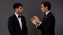 Carlos Alcaraz and Roger Federer speak at the Laver Cup in Berlin.