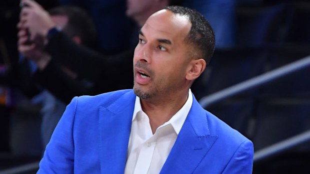 Nico Harrison attends a basketball game between the Los Angeles Lakers and the Dallas Mavericks.