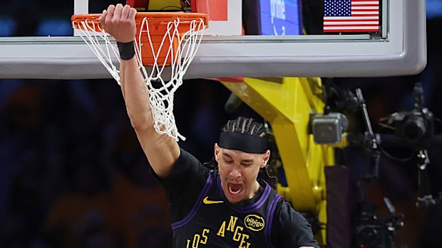 Jaxson Hayes of the Los Angeles Lakers reacts after a slam dunk.