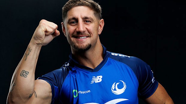 Zac Lomax poses during a media opportunity after signing with Rugby Australia and the Western Force.
