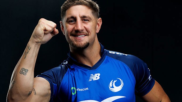 Zac Lomax poses during a media opportunity after signing with Rugby Australia and the Western Force.