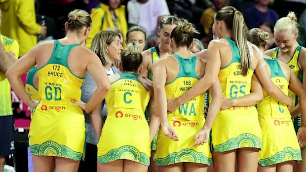 Australia's Head Coach Stacey Marinkovich speaks with her team.