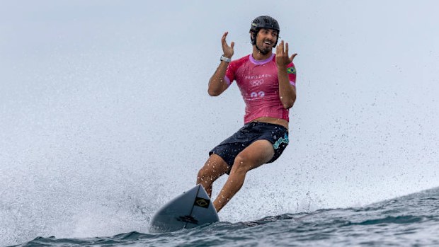 Joao Chianca of Team Brazil reacts after exiting a wave.