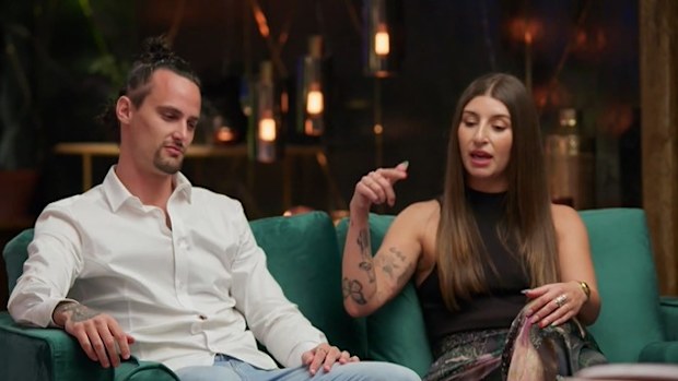 Claire and Jesse on the couch at Commitment Ceremony Season 10 MAFS 2023