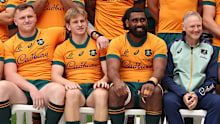 Angus Bell puts his arm around Max Jorgensen at Optus Stadium.