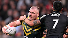 Angus Crichton of Australia charges into the defence in Christchurch.