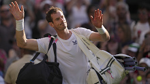 Britain's Andy Murray leaves the court after losing to Stefanos Tsitsipas of Greece at Wimbledon.