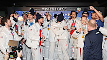 Team USA Men's Hockey Team celebrates their win at Winter House.