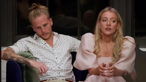Lyndall and Cameron at Commitment Ceremony while Claire and Jesse are on couch. Lyndall sharing bombshell confession about what Adam told her on the group's night out.