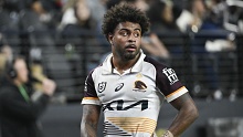Broncos Ezra Mam reacts during the NRL match between the Sydney Roosters and the Brisbane Broncos at Allegiant Stadium in Las Vegas, Saturday, March 2, 2024. (AP Photo/David Becker)