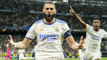 Karim Benzema of Real Madrid celebrates after scoring.