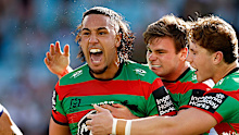 Keaon Koloamatangi celebrates after scoring a try.
