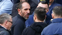 Tottenham Hotspur interim manager Cristian Stellini and Brighton and Hove Albion manager Roberto De Zerbi exchange words before being given a red card each during the Premier League match at the Tottenham Hotspur Stadium, London. Picture date: Saturday April 8, 2023. (Photo by Zac Goodwin/PA Images via Getty Images)