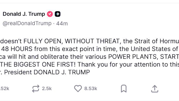 The US president gave Iran a 48-hour deadline to reopen the critical waterway in a post on Truth Social at 10.44am AEDT.