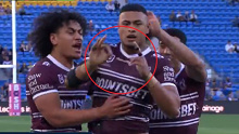 Manly player Haumole Olakau'atu celebrates a try against Gold Coast.