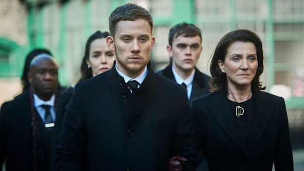 Joe Cole as Sean Wallace and Michelle Fairley as Marian Wallace as seen on Stan's Gangs of London. 