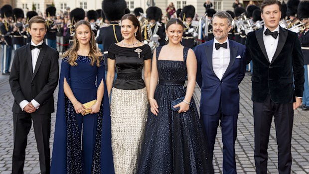 Denmark's Prince Vincent, Princess Josephine, Queen Mary, Princess Isabella, King Frederik X and  Crown Prince Christian arrive as Princess Isabella's 18th birthday is celebrated with a birthday performance at the Royal Theatre's Old Stage in Copenhagen on Tuesday, April 15, 2025.