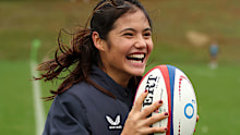 British tennis player Emma Raducanu visits the England training session.
